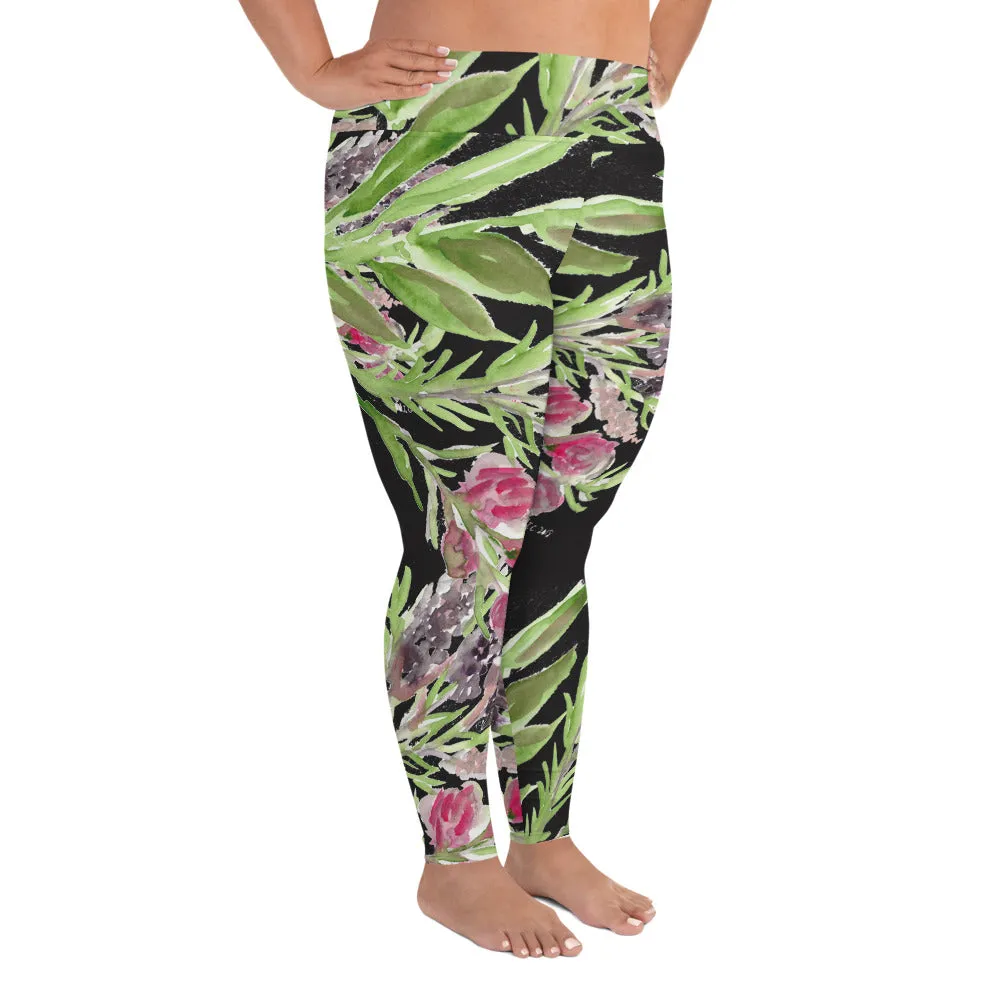 Lavender Plus Size Leggings, Black Floral Print Women's Long Yoga Pants-Made in USA/EU