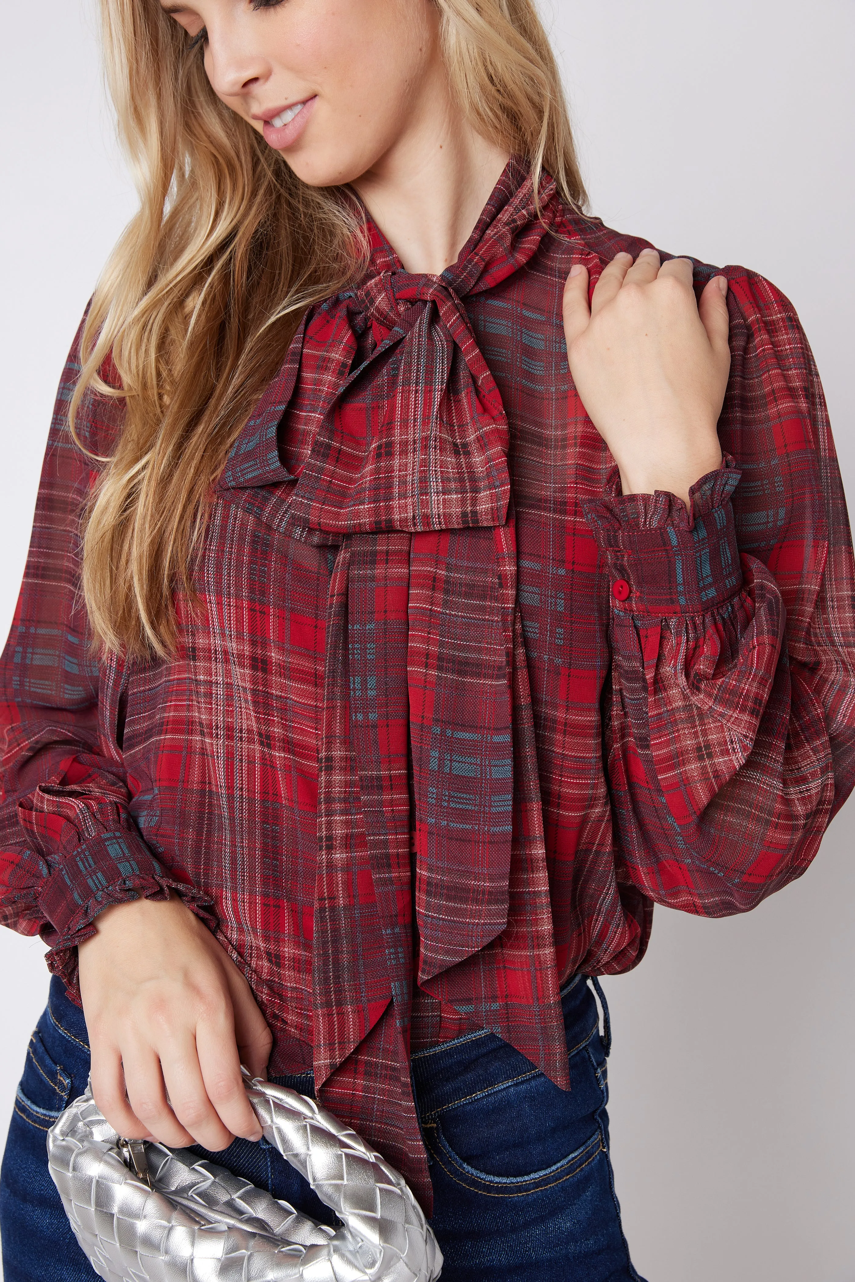 Lena Plaid Tie Neck Blouse