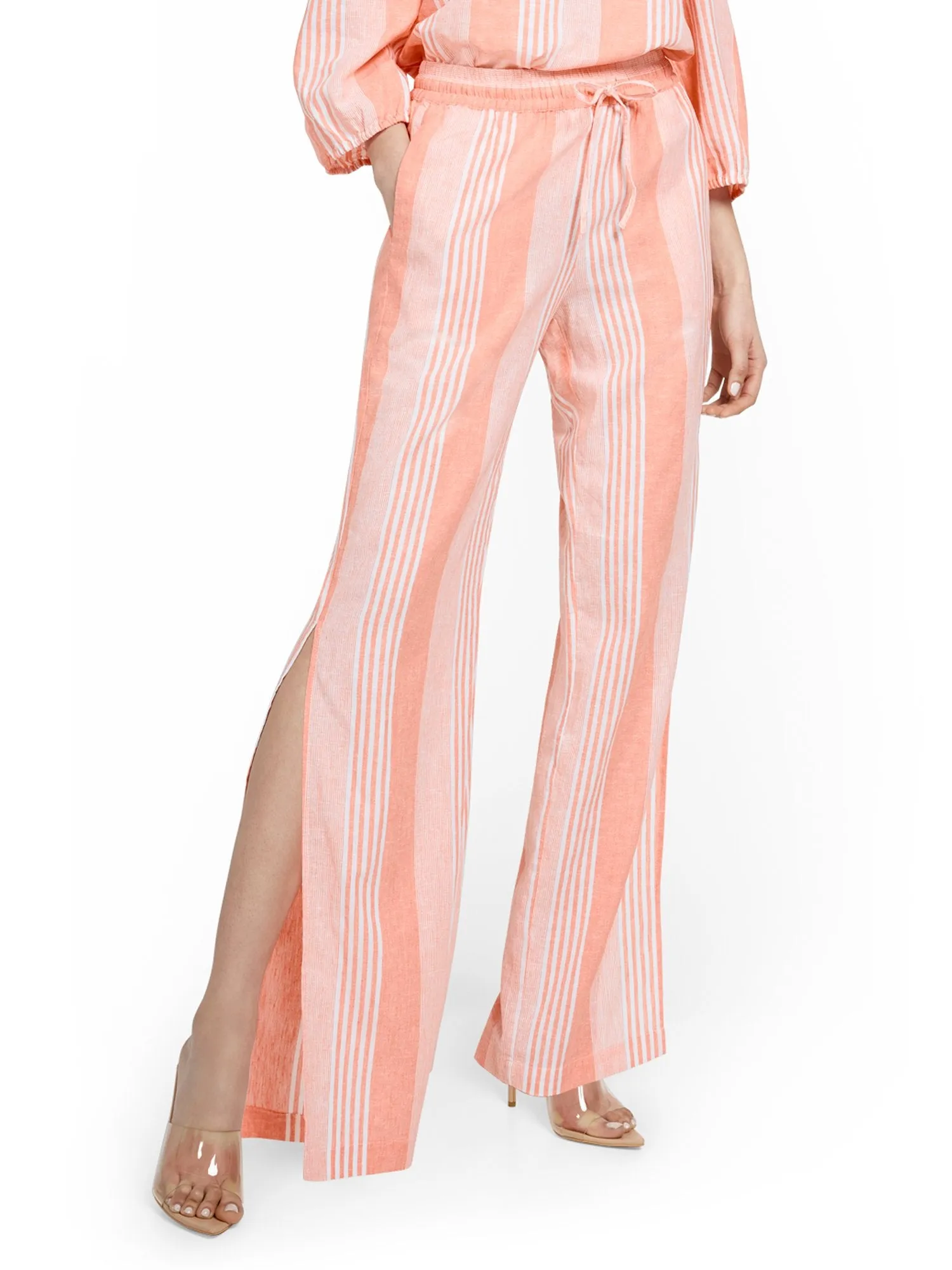 Linen-Blend Striped High-Waisted Slit-Hem Wide-Leg Pant