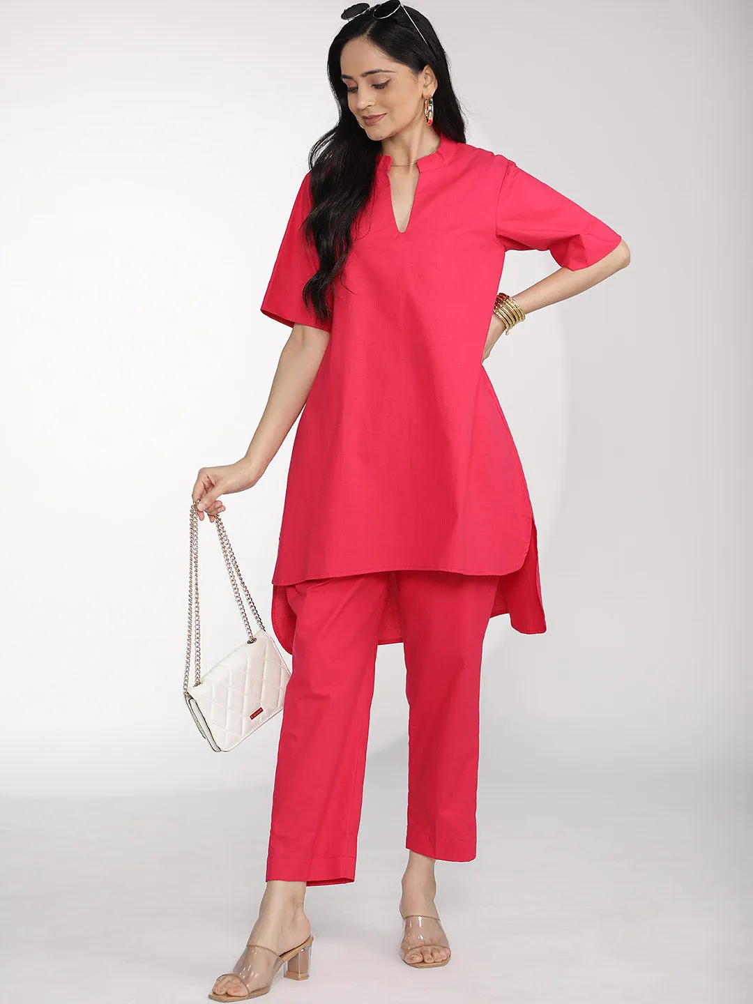 Magenta Poplin HighLowKurti & Tapered Pants