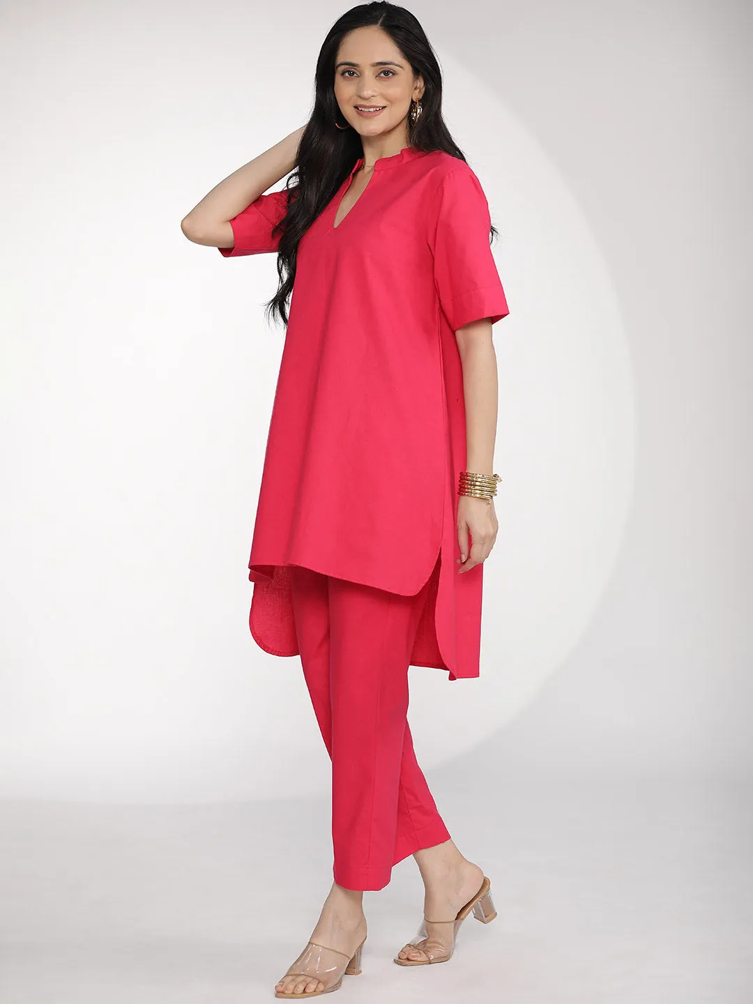 Magenta Poplin HighLowKurti & Tapered Pants