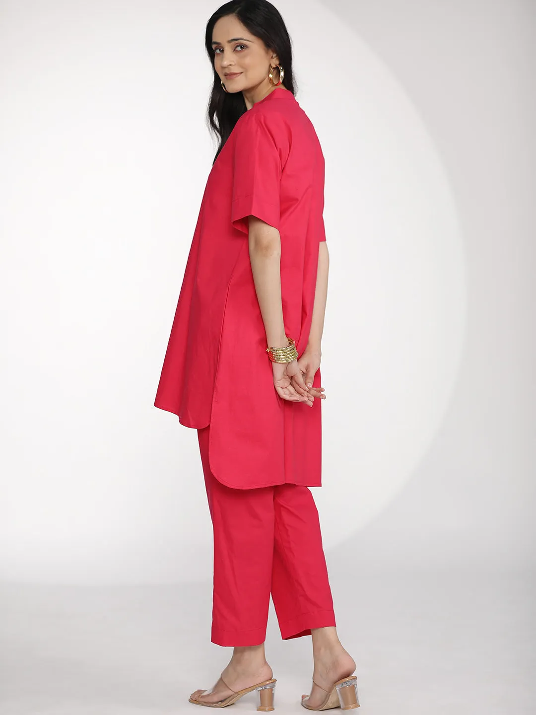 Magenta Poplin HighLowKurti & Tapered Pants