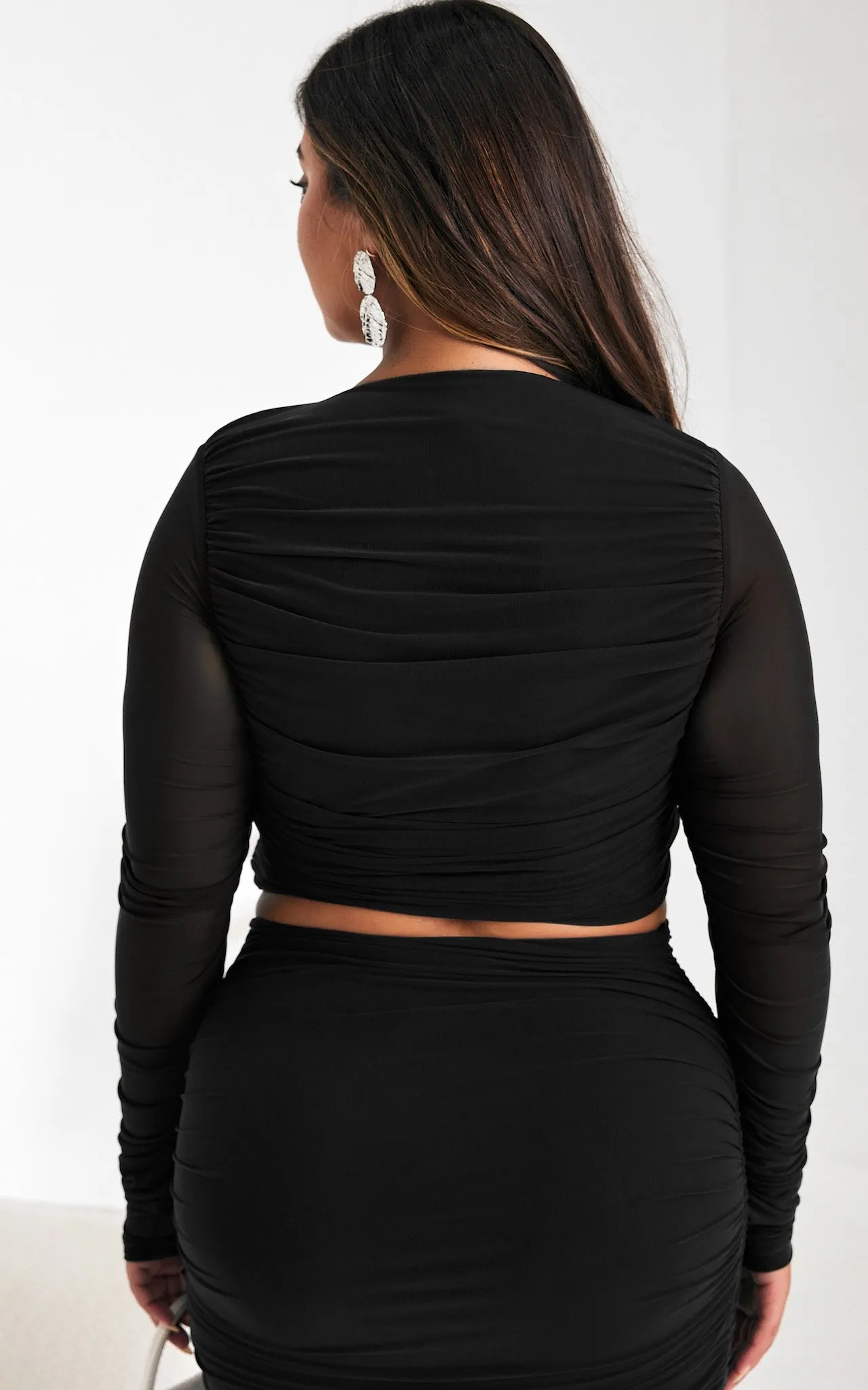 Melody Long Sleeve Mesh Crop Top - Black