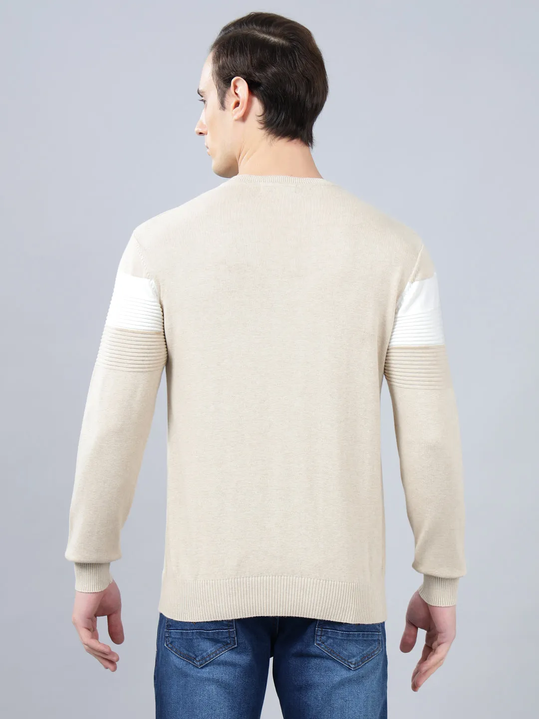 Men's Beige Striped Full Sleeve Sweater