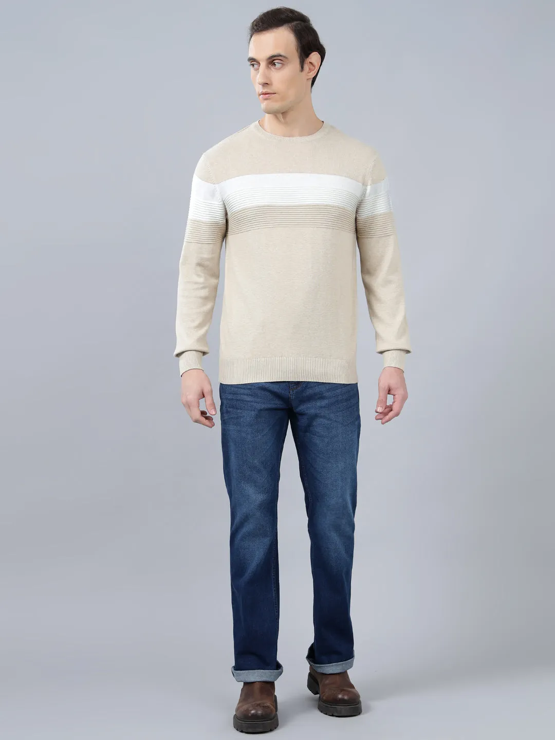 Men's Beige Striped Full Sleeve Sweater