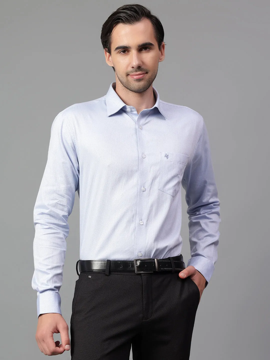 Men's Blue Self Design Full Sleeve Formal Shirt