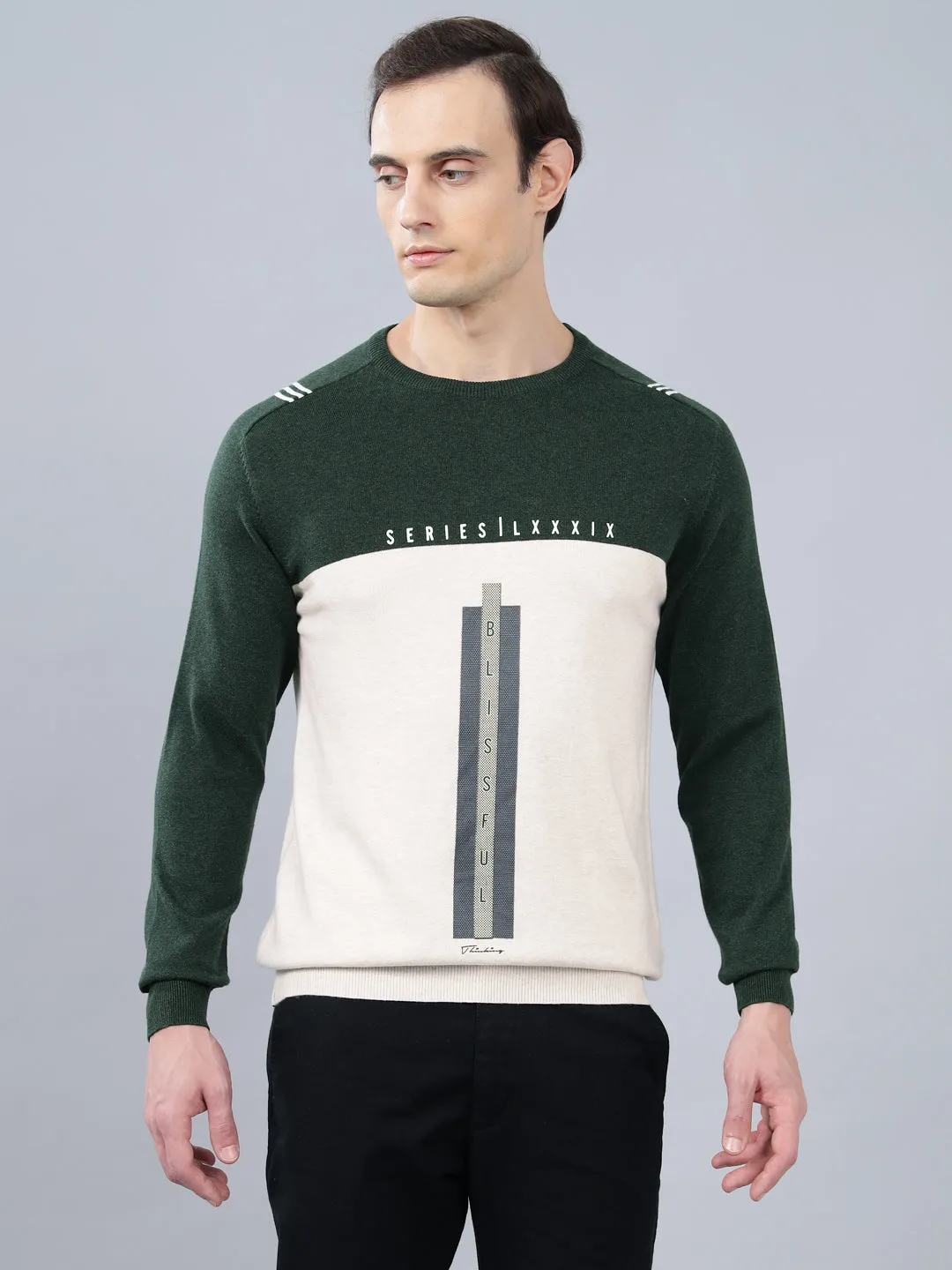 Men's Color Block Ecru Full Sleeve Sweater