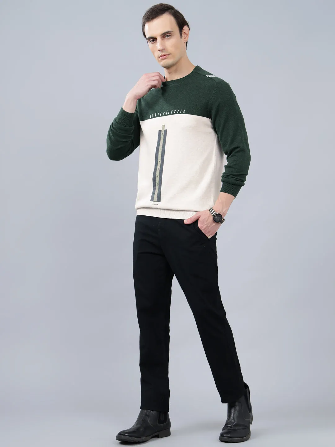 Men's Color Block Ecru Full Sleeve Sweater