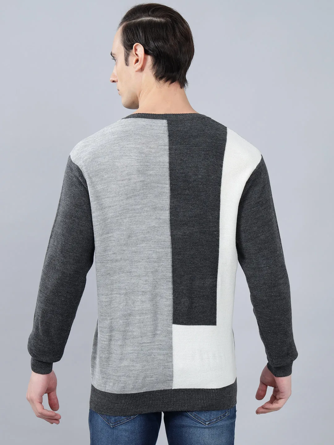 Men's Color Block Grey Full Sleeve Sweater