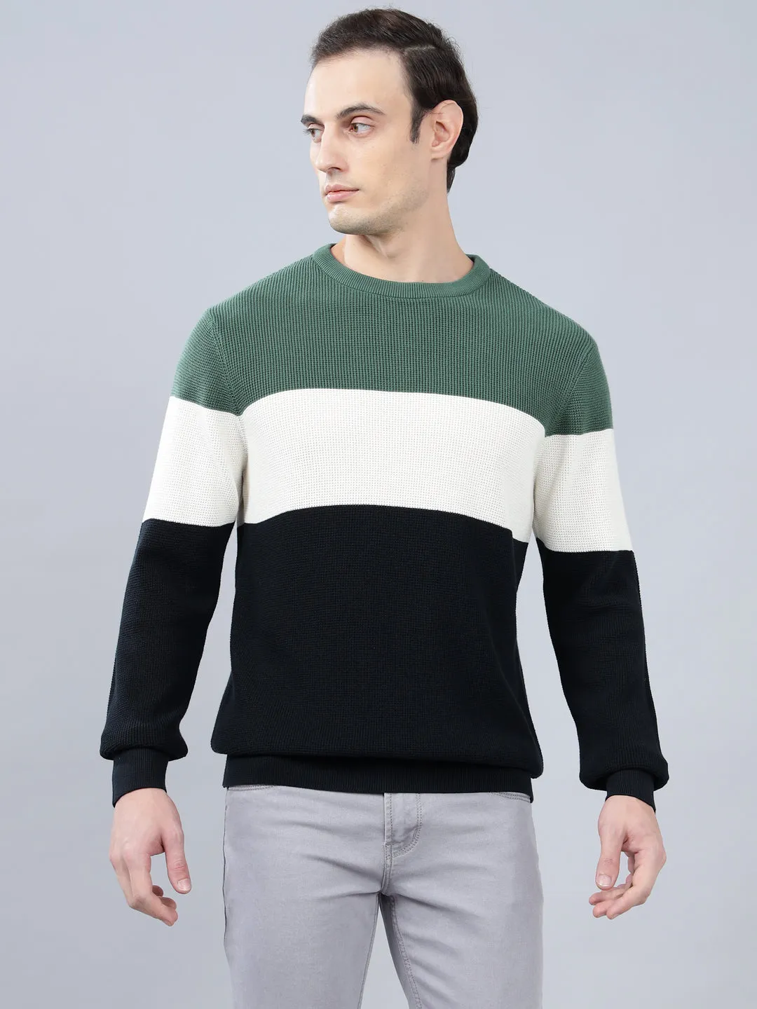 Men's Color Block Navy Blue Full Sleeve Sweater