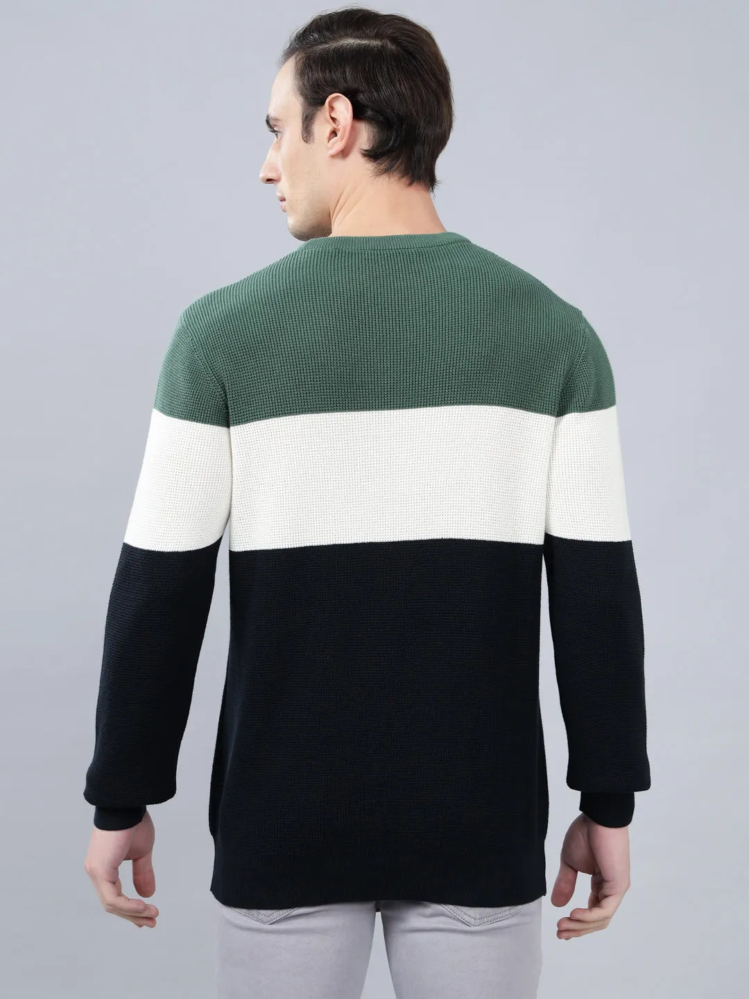 Men's Color Block Navy Blue Full Sleeve Sweater