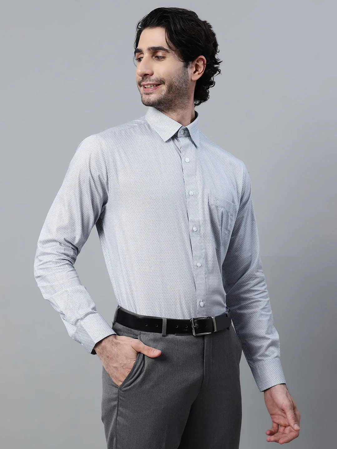 Men's Dark Grey Formal Geometric Print Full Sleeve Shirt