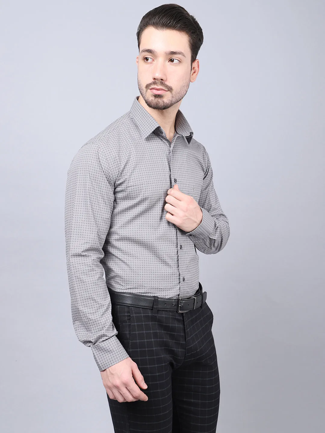 Men's Grey  Formal Geometric Print Full Sleeve Shirt