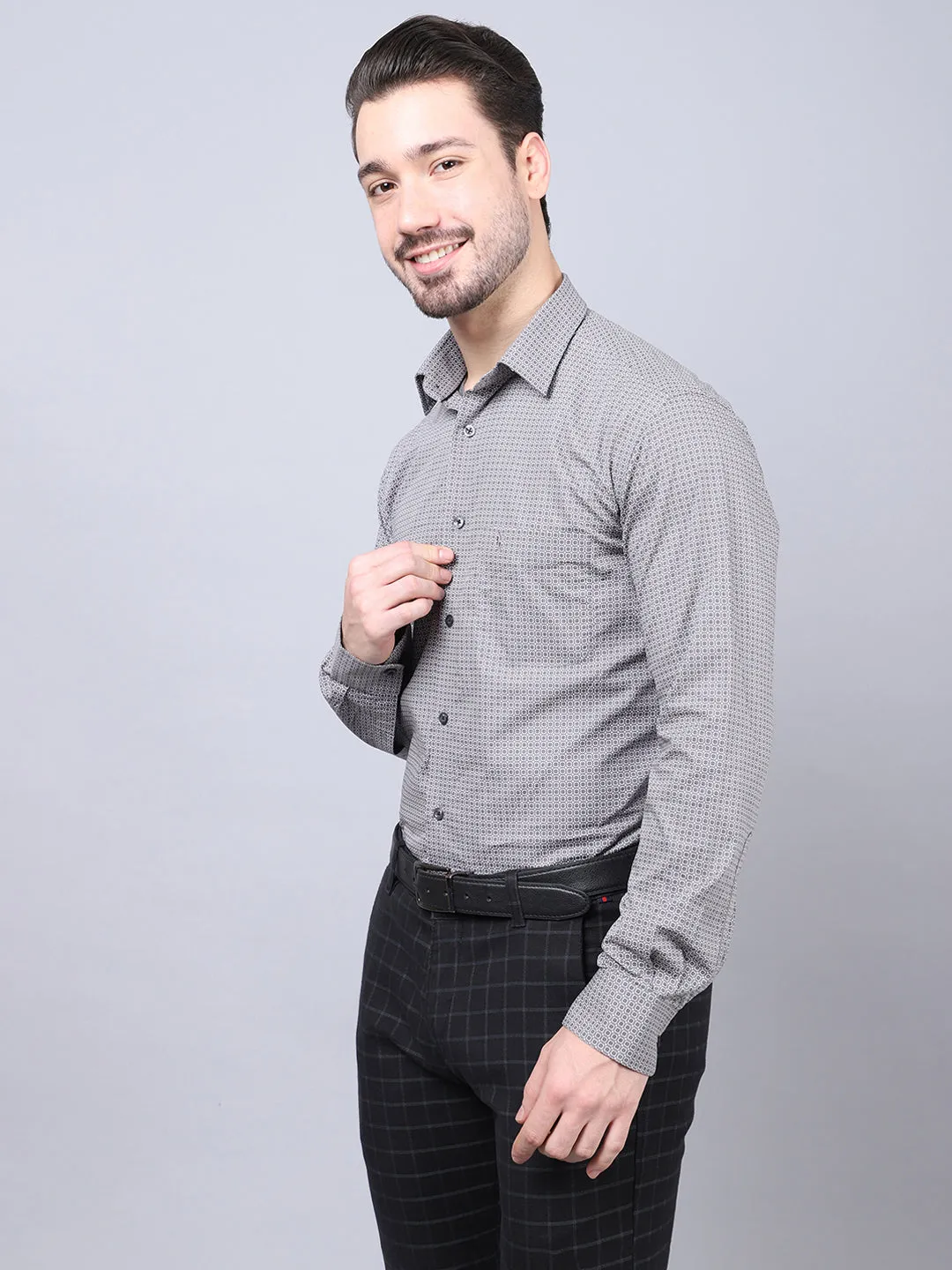 Men's Grey  Formal Geometric Print Full Sleeve Shirt