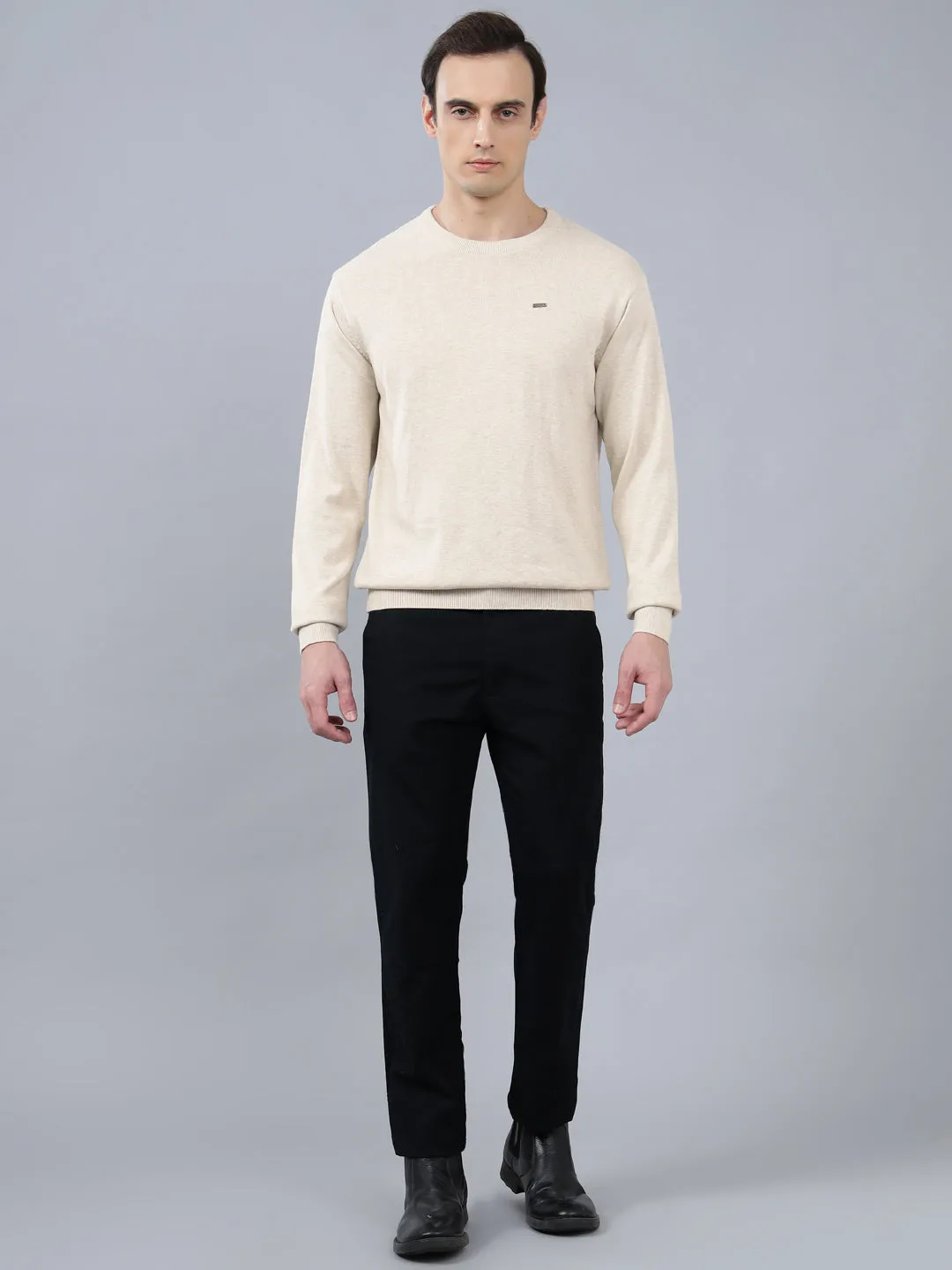 Men's Ivory Solid Full Sleeve Sweater