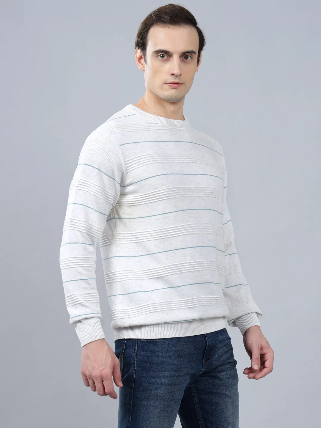 Men's Ivory  Striped Full Sleeve Sweater