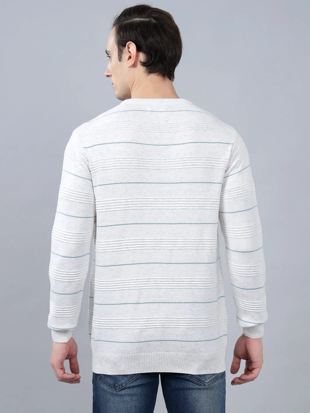 Men's Ivory  Striped Full Sleeve Sweater