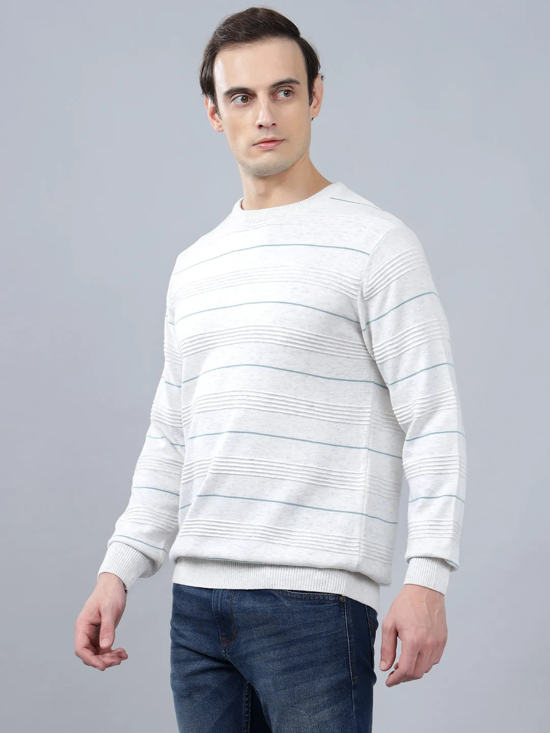 Men's Ivory  Striped Full Sleeve Sweater