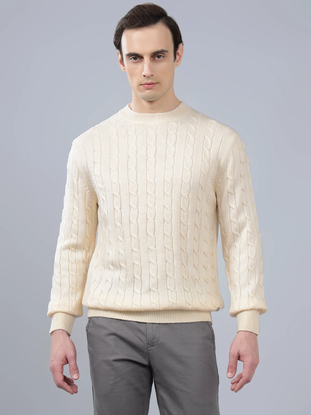 Men's Jacquard Ivory Full Sleeve Sweater