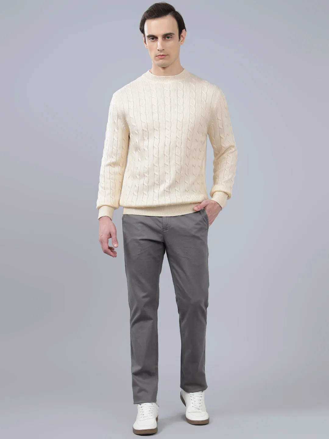 Men's Jacquard Ivory Full Sleeve Sweater