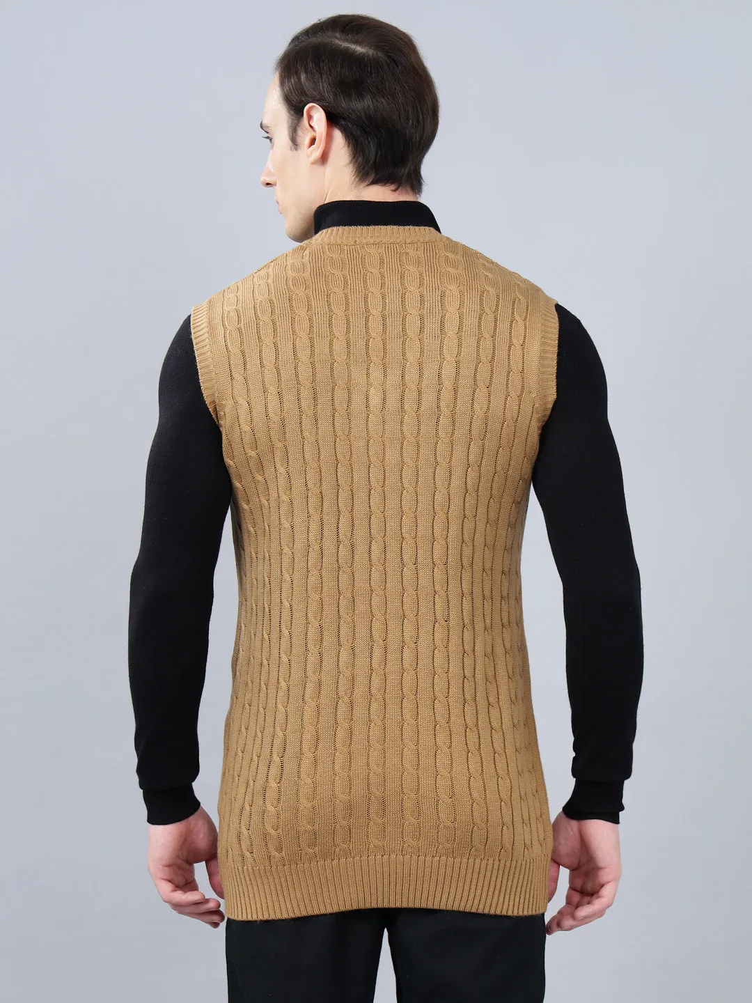 Men's Jacquard Khaki Sleeveless Sweater