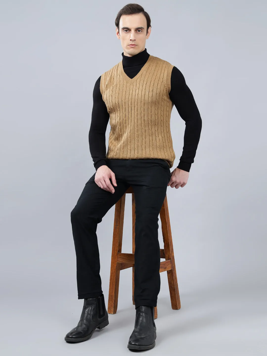 Men's Jacquard Khaki Sleeveless Sweater