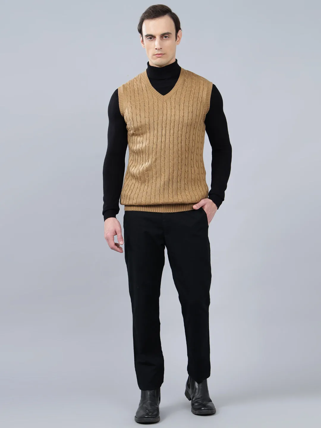 Men's Jacquard Khaki Sleeveless Sweater