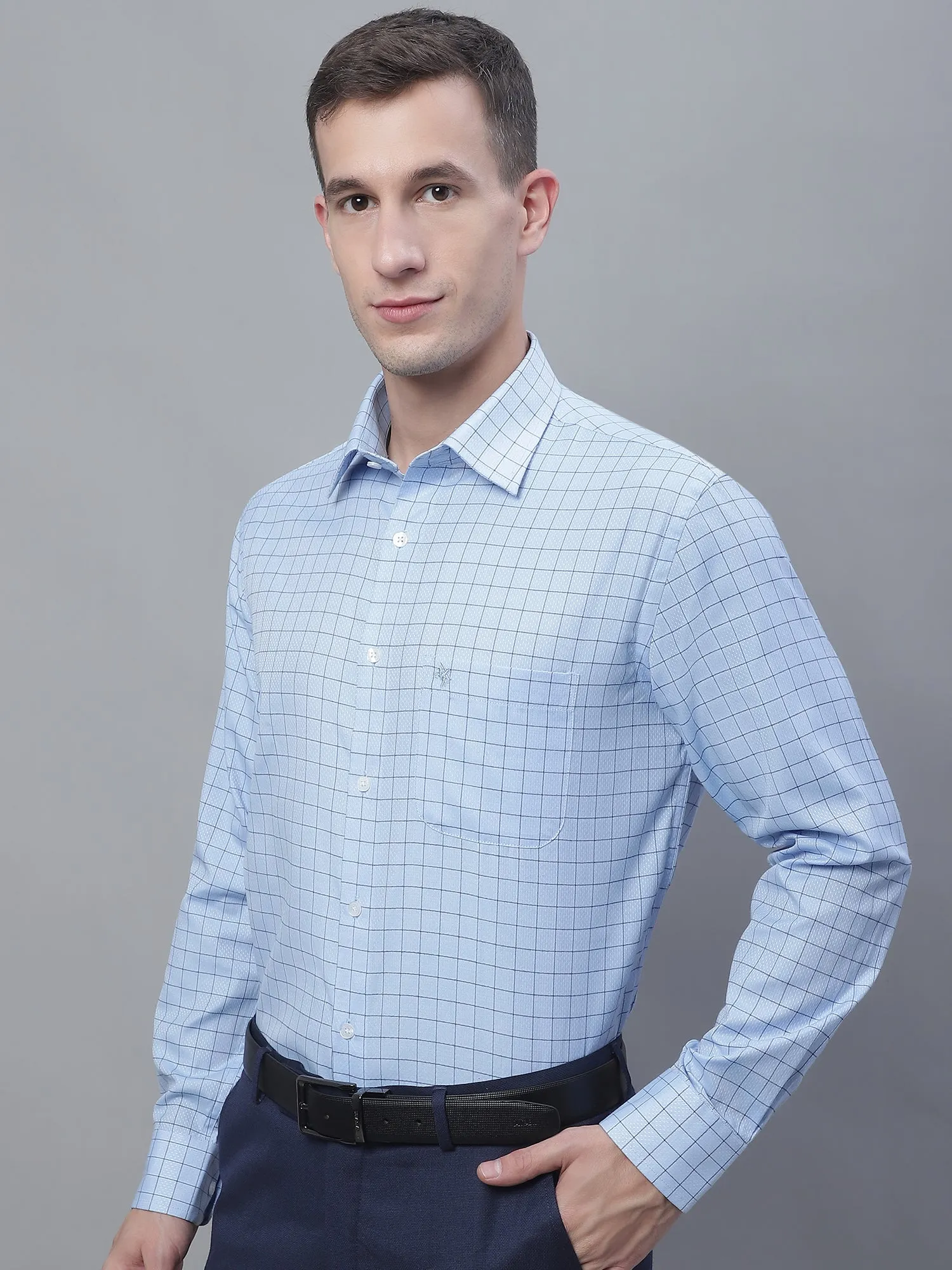 Men's Light Blue Formal Medium Checks Textured Full Sleeve Shirt