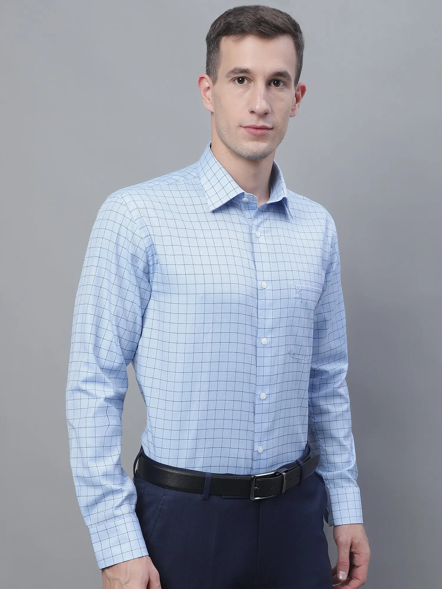 Men's Light Blue Formal Medium Checks Textured Full Sleeve Shirt