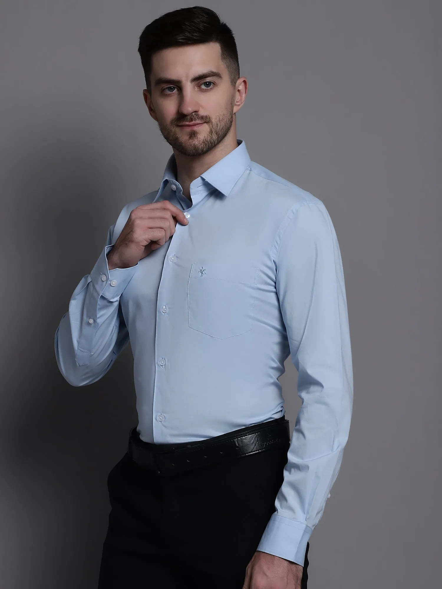 Men's Light Blue Formal Plain Stretch Full Sleeve Shirt