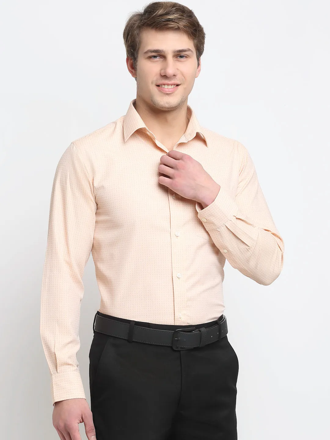 Men's Light Orange Formal Self Textured Full Sleeve Shirt