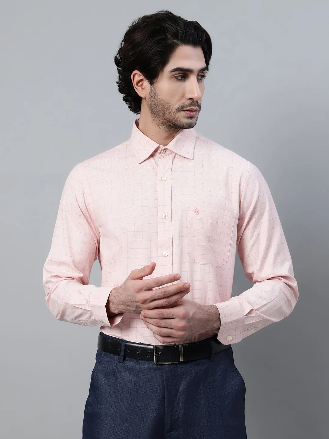 Men's Light Pink Formal Medium Checks Full Sleeve Shirt