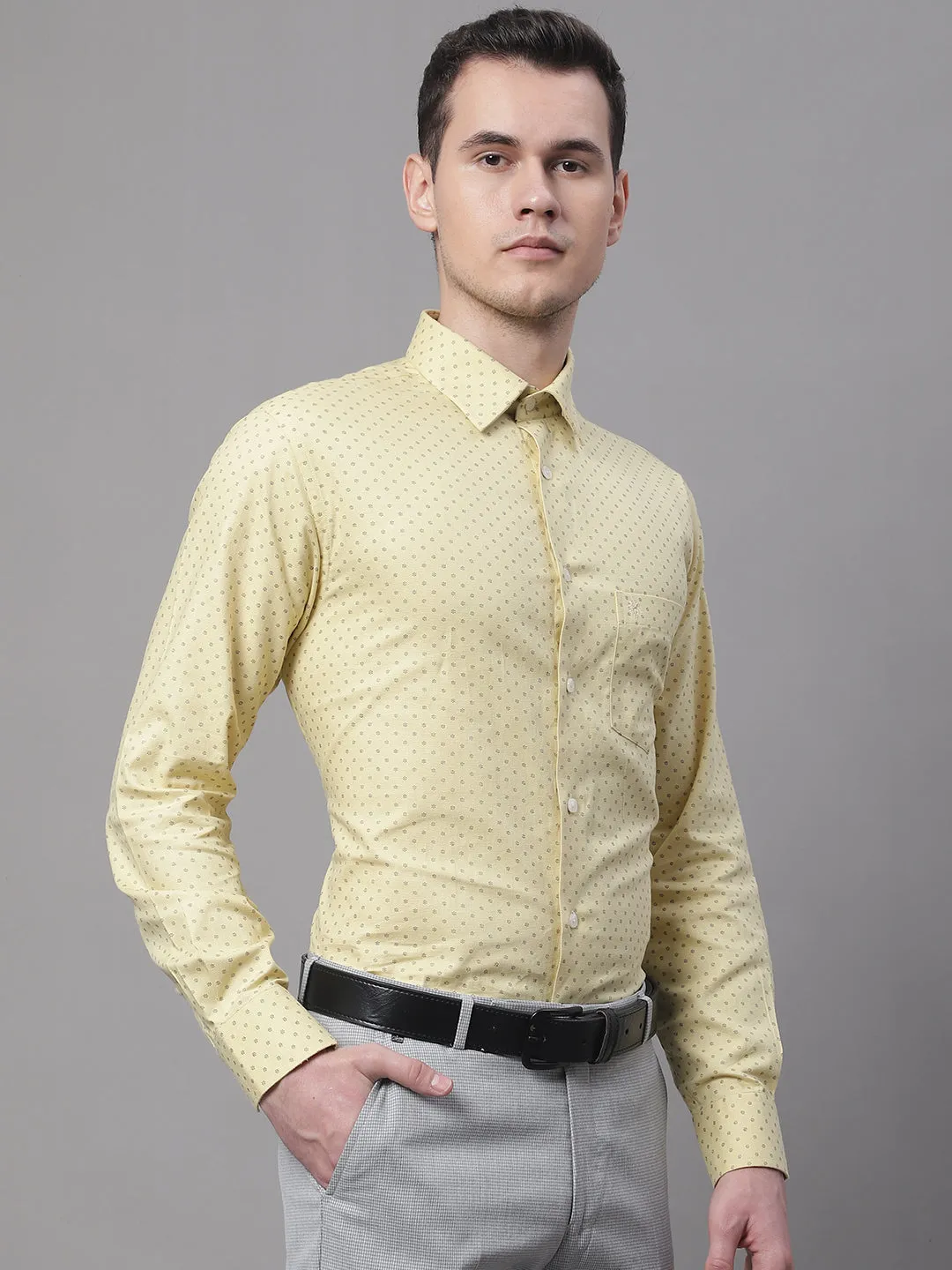 Men's Light Yellow Formal Ditsy Print Full Sleeve Shirt