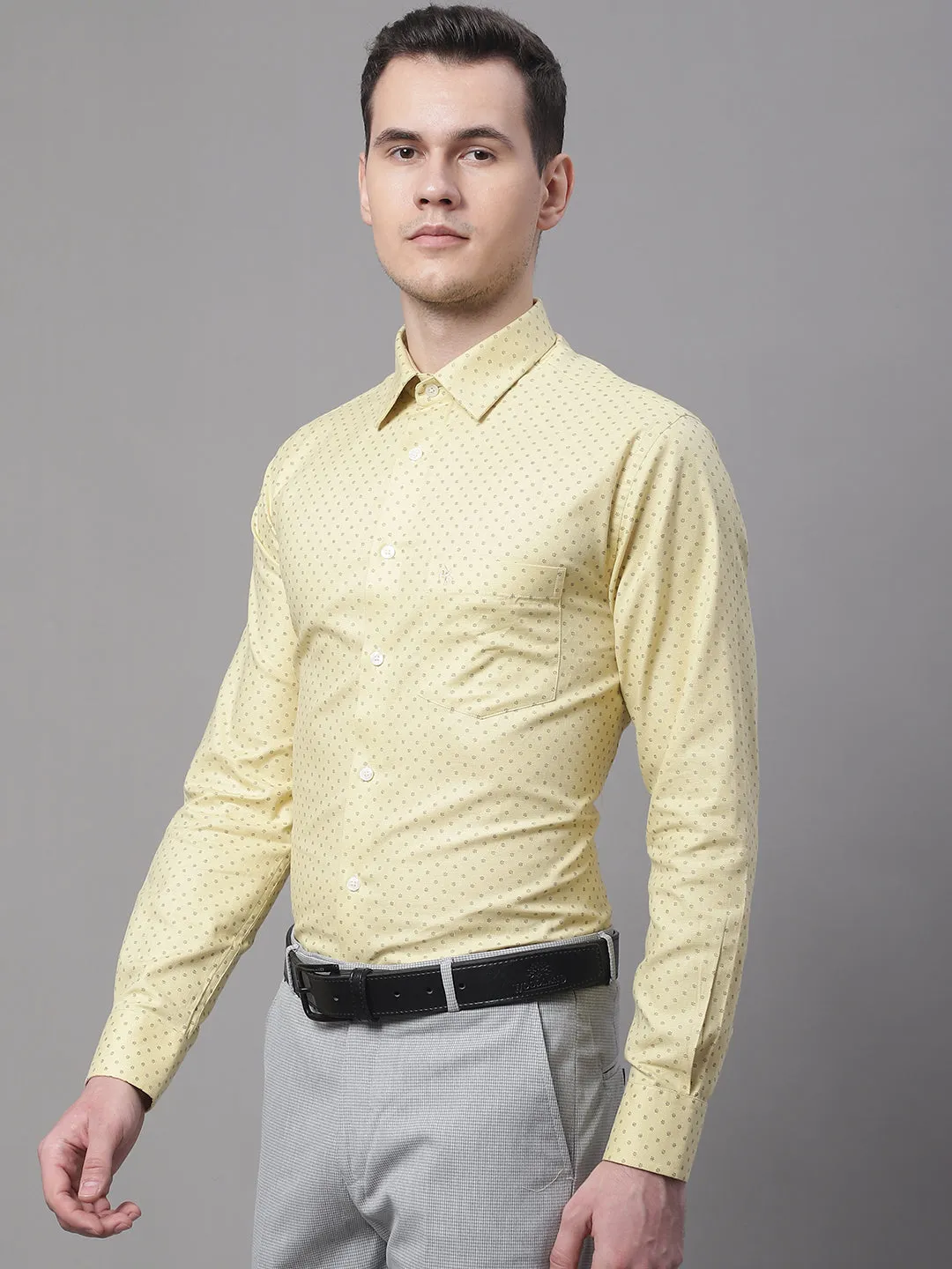 Men's Light Yellow Formal Ditsy Print Full Sleeve Shirt