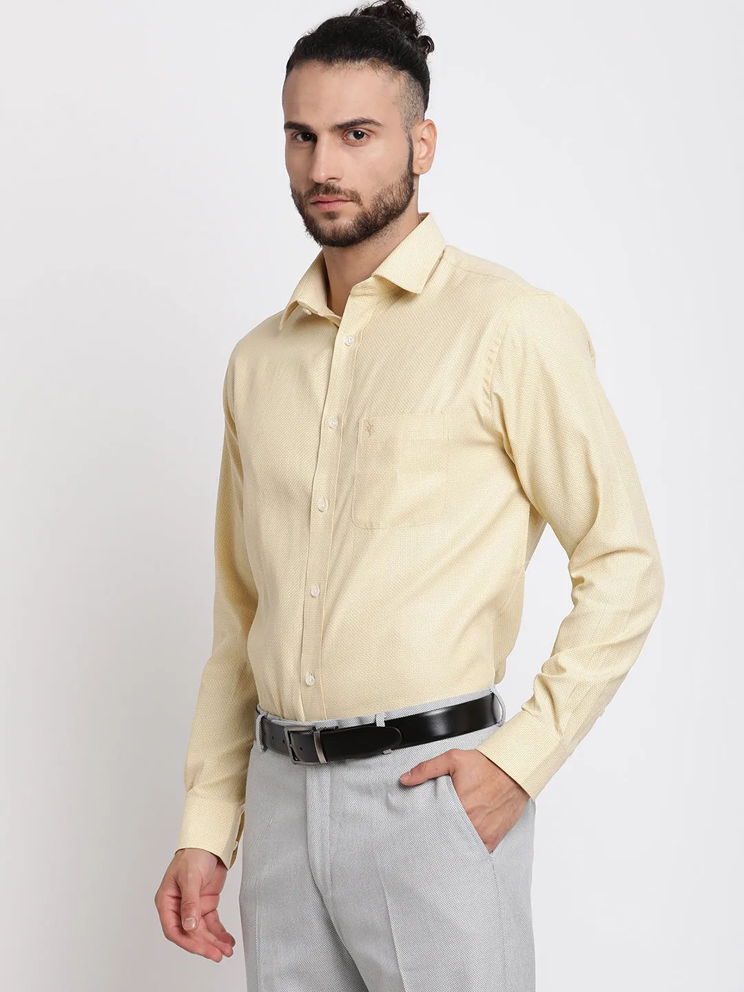 Men's Light Yellow Formal Self Textured Full Sleeve Shirt