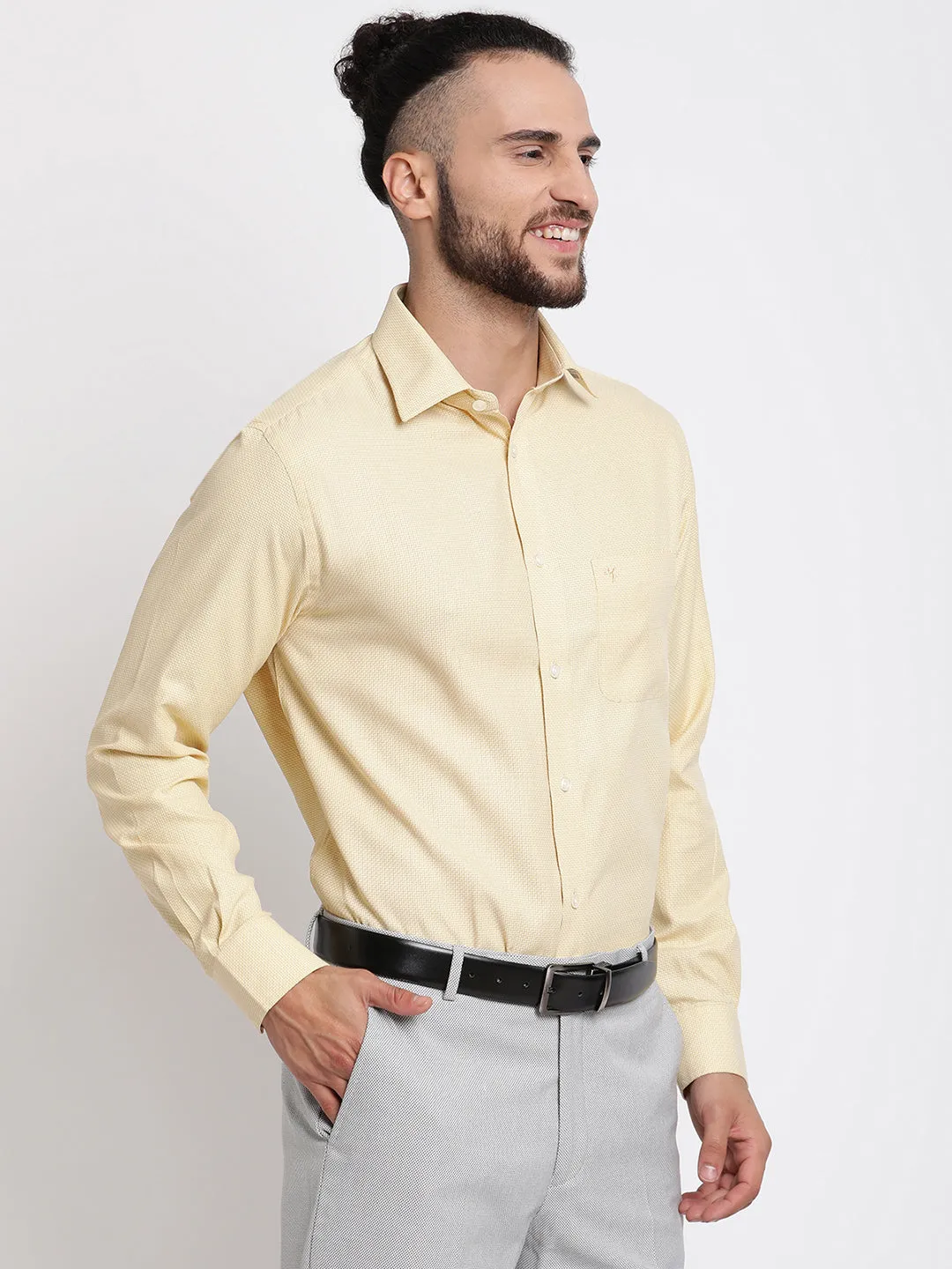 Men's Light Yellow Formal Self Textured Full Sleeve Shirt