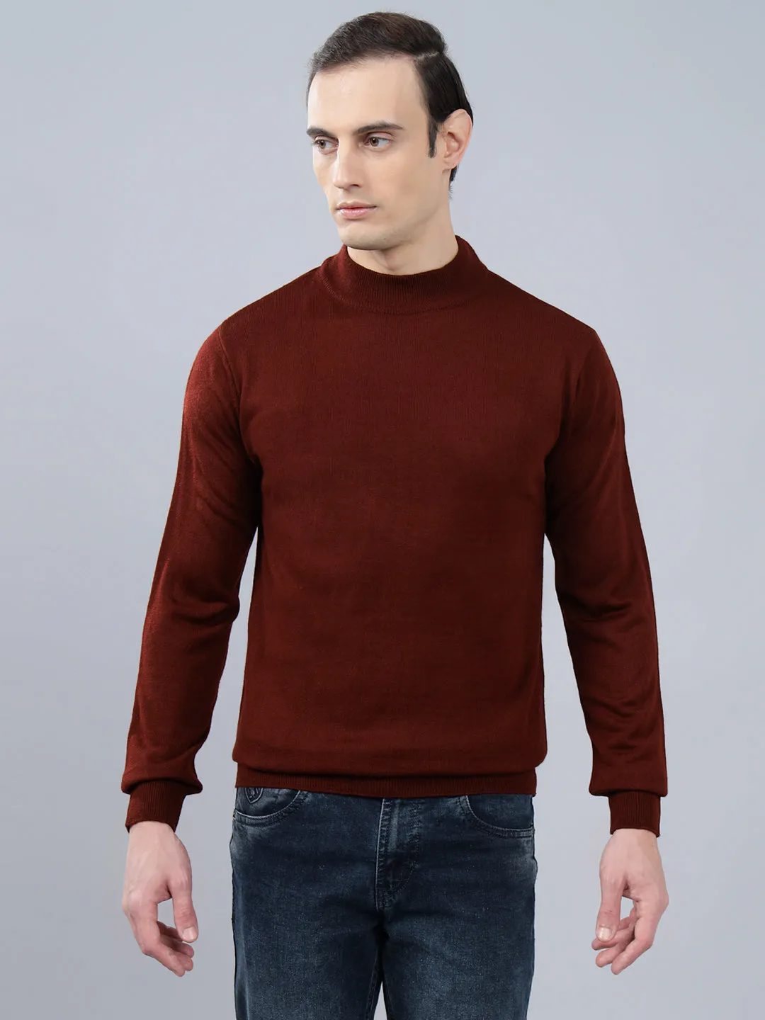 Men's Maroon Solid Full Sleeve Sweater