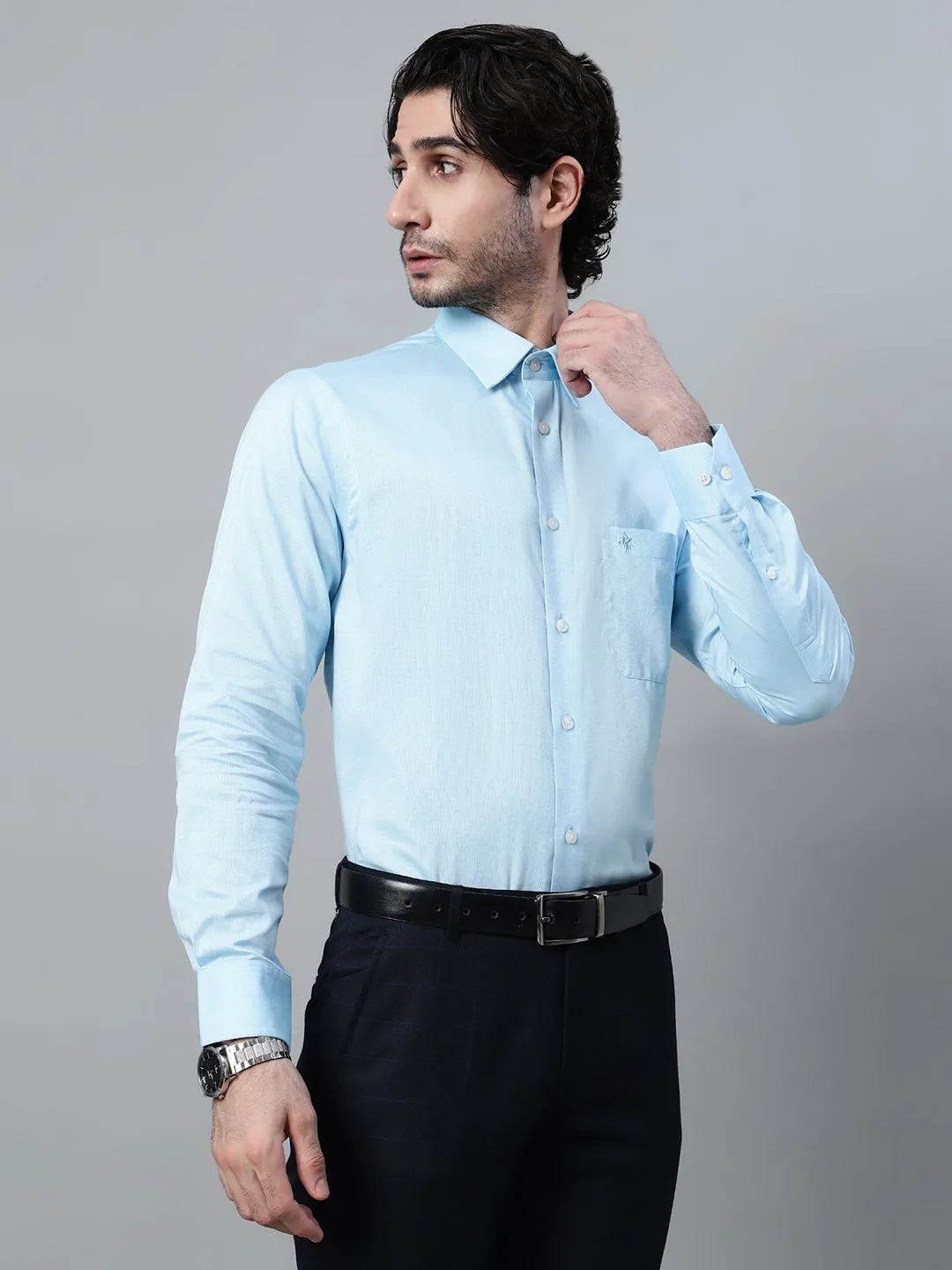 Men's Mint Blue Formal Fil a Fil Plain Full Sleeve Shirt