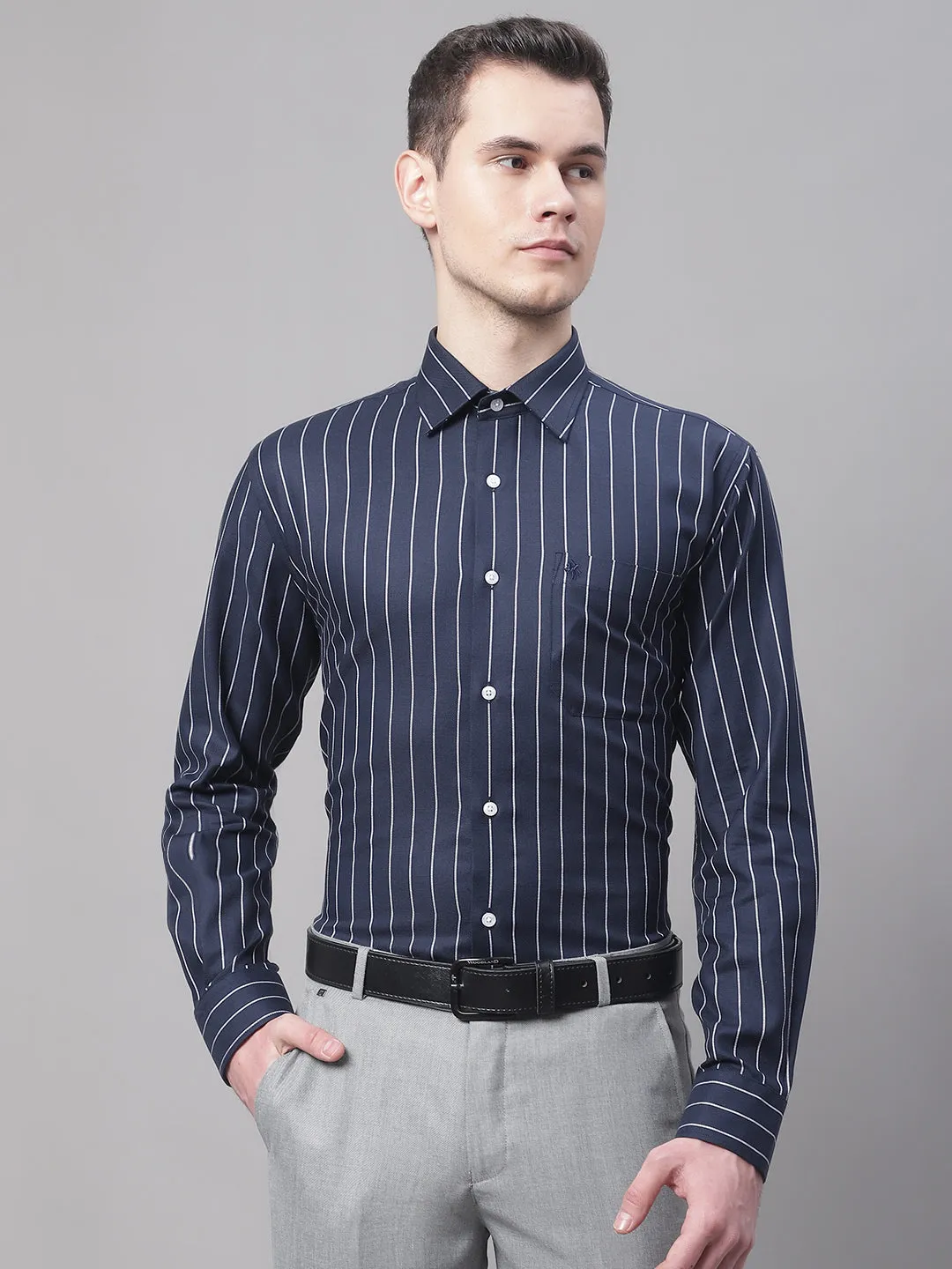 Men's Navy Blue Formal Broad Stripe Full Sleeve Shirt