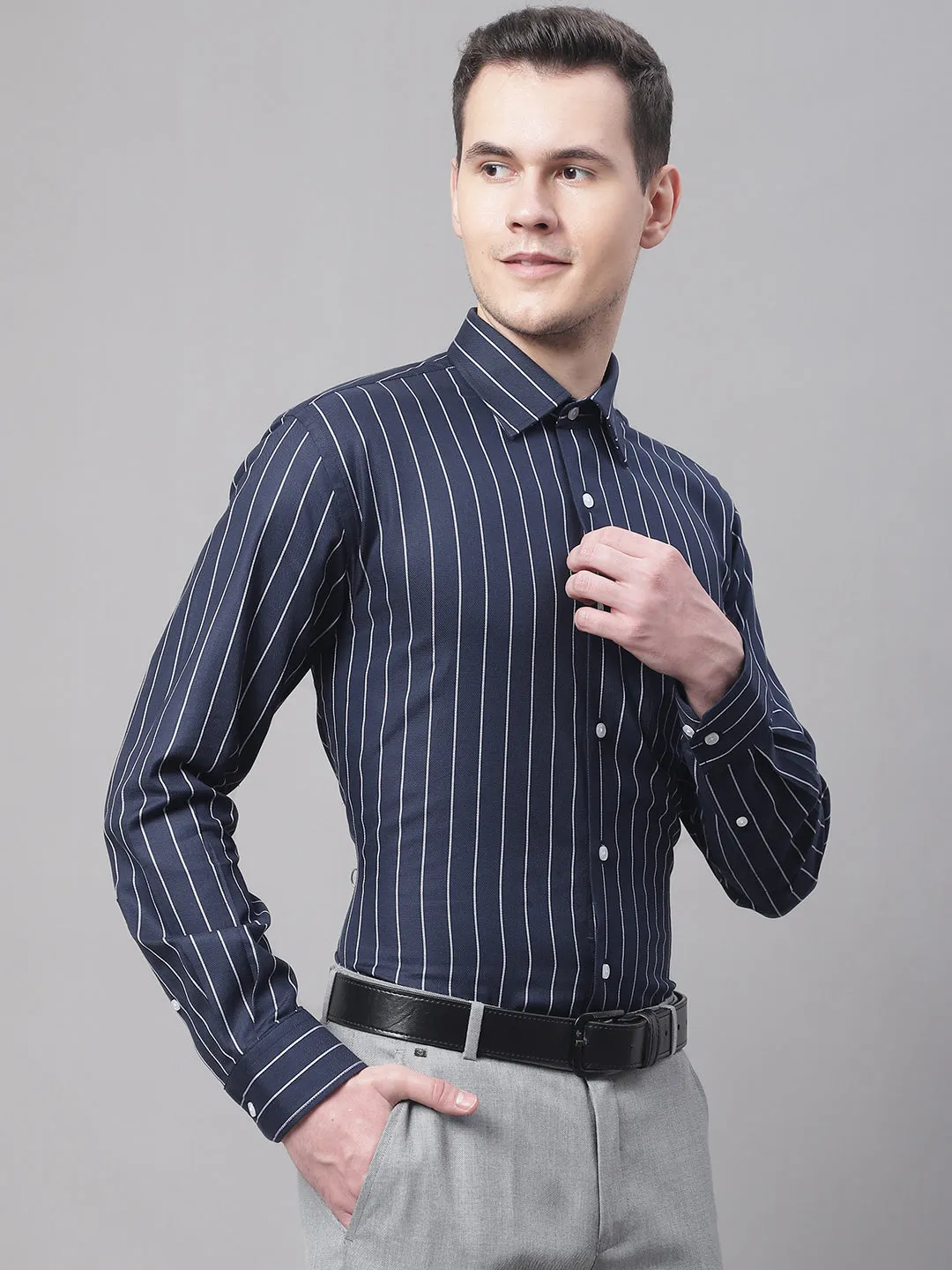 Men's Navy Blue Formal Broad Stripe Full Sleeve Shirt