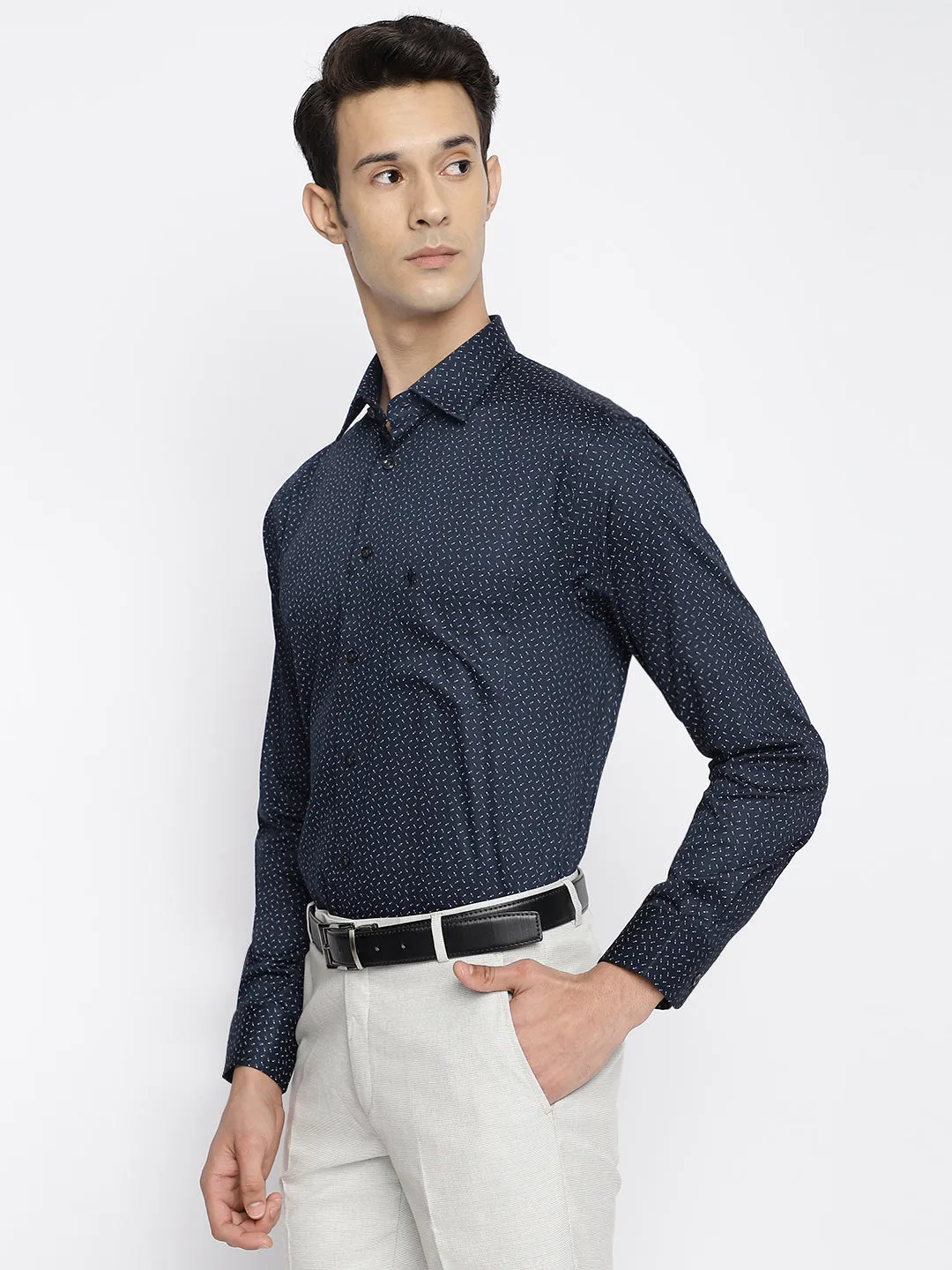 Men's Navy Blue Formal Ditsy Print Full Sleeve Shirt