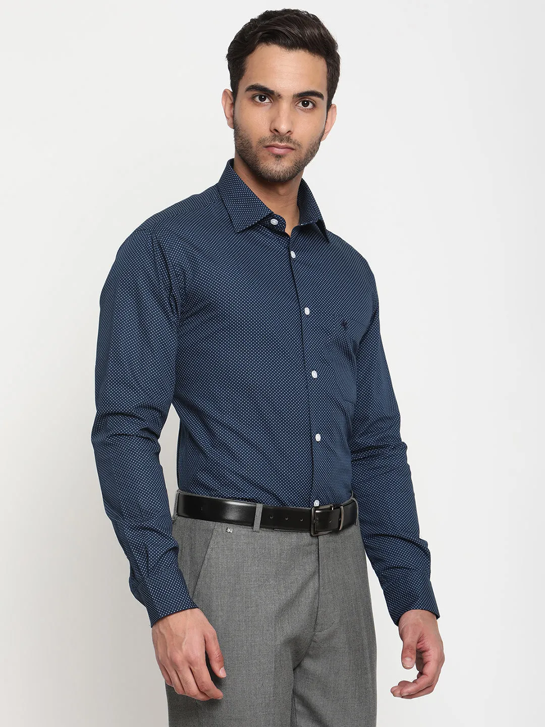 Men's Navy Blue Formal Dot Print Full Sleeve Shirt