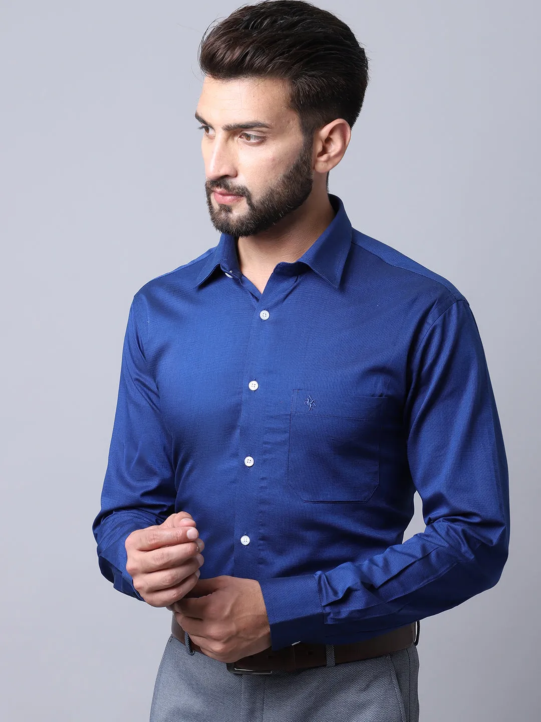 Men's Navy Blue Formal Fil a Fil Plain Full Sleeve Shirt