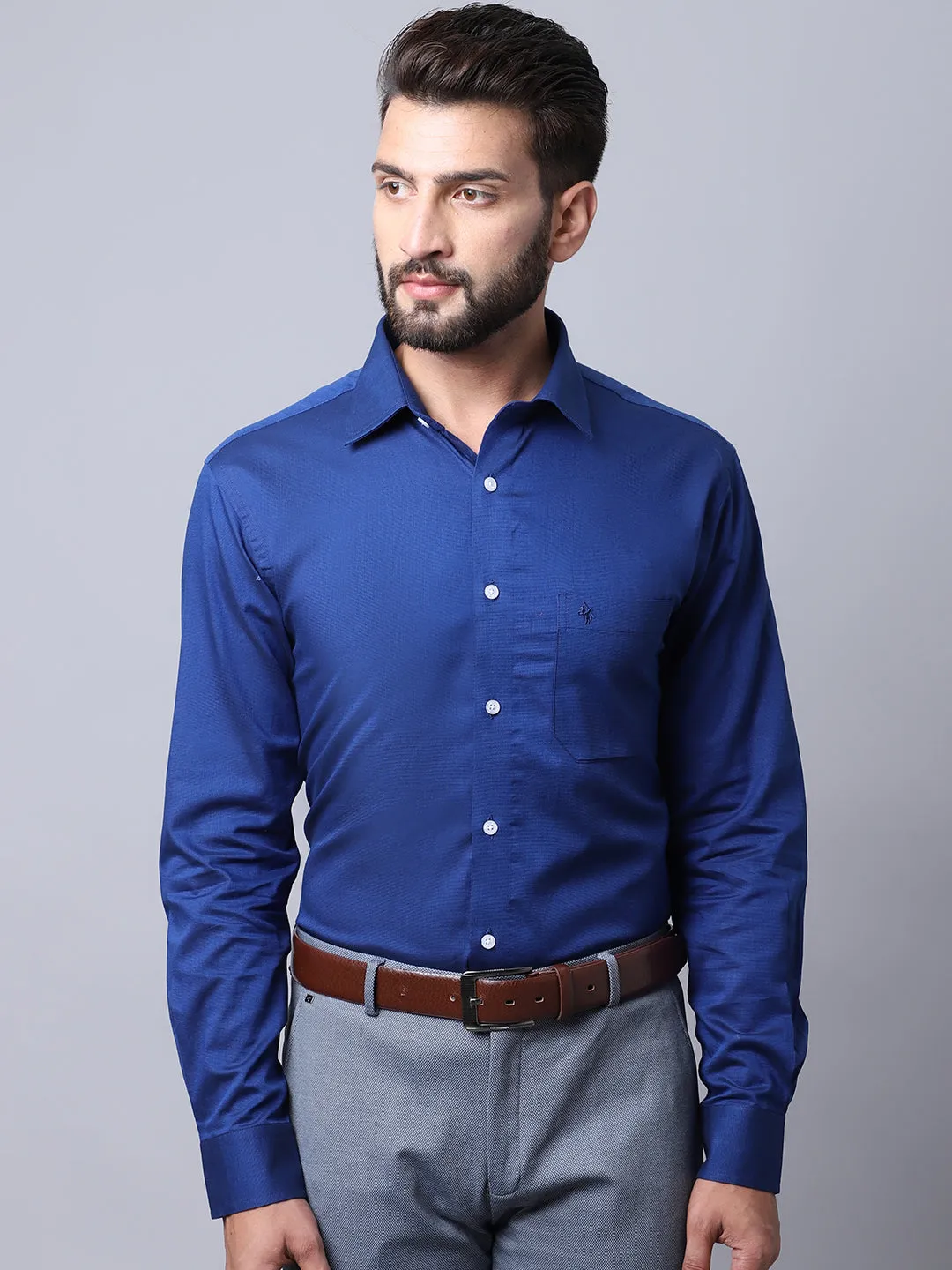 Men's Navy Blue Formal Fil a Fil Plain Full Sleeve Shirt