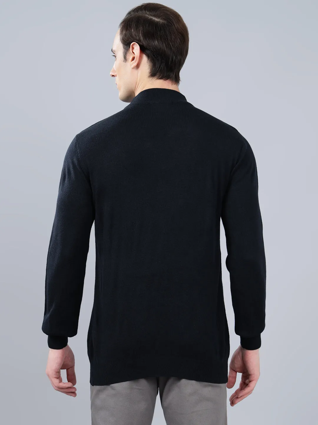 Men's Navy Blue Solid Full Sleeve Sweater