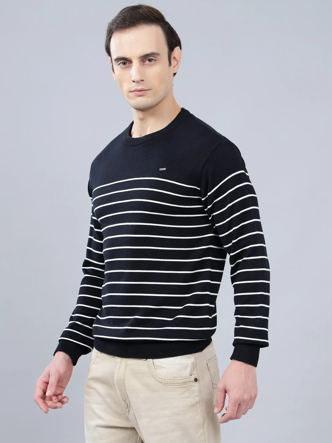 Men's Navy Blue Striped Full Sleeve Sweater