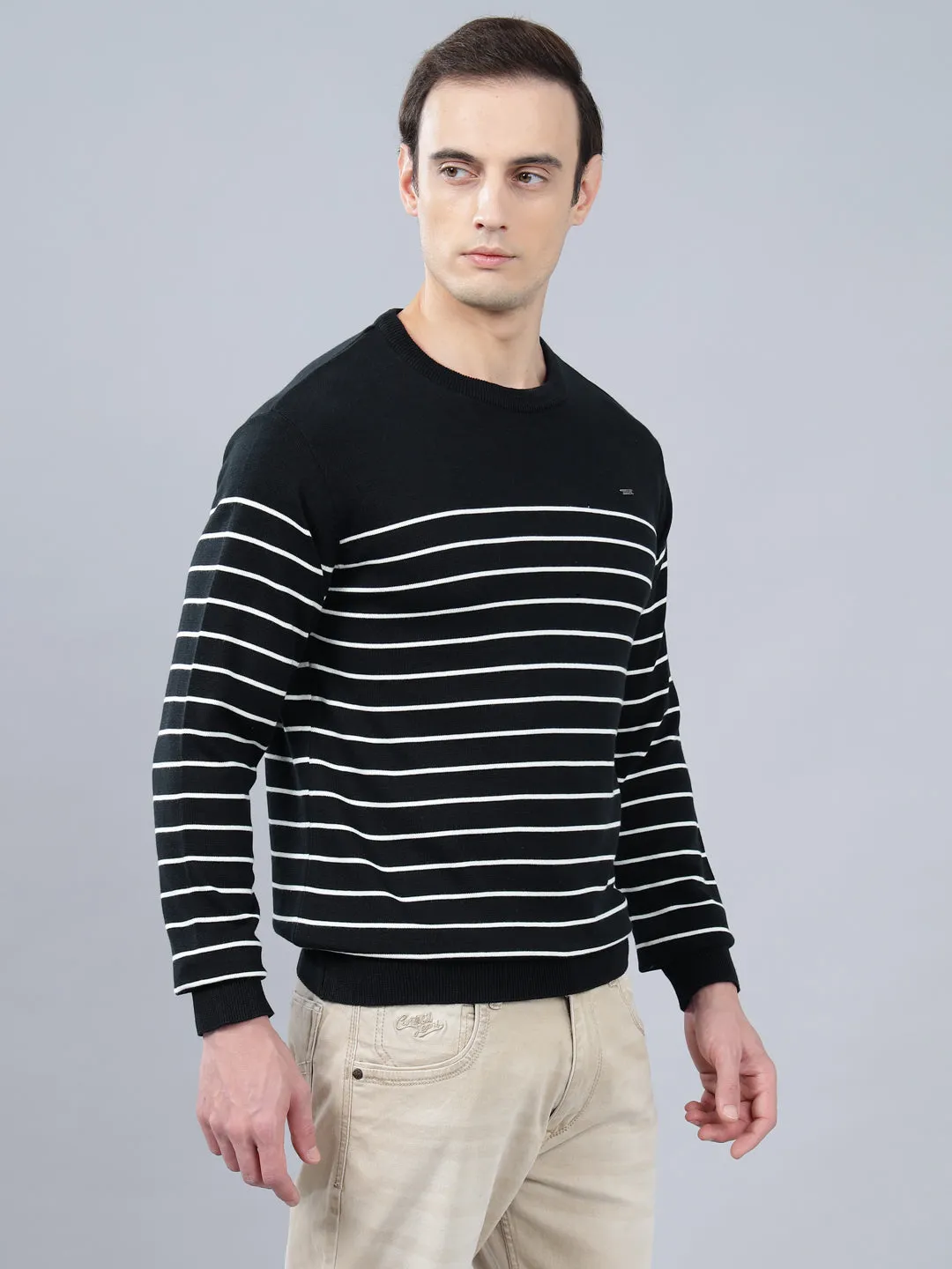 Men's Navy Blue Striped Full Sleeve Sweater