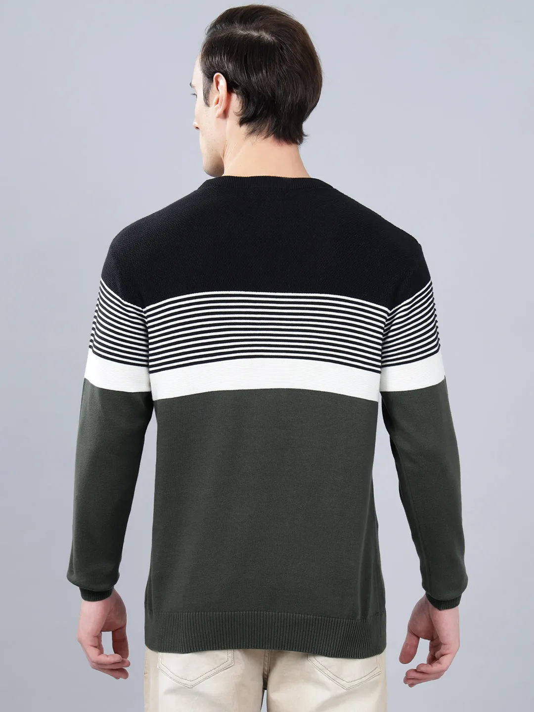 Men's Olive Green Striped Full Sleeve Sweater