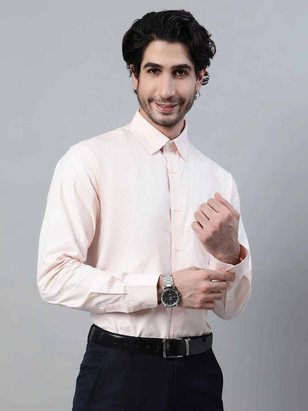 Men's Peach Formal Self textured Full Sleeve Shirt