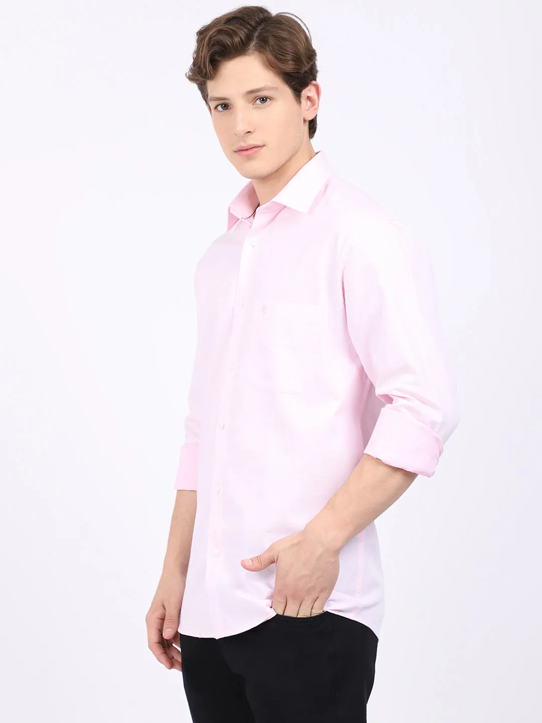 Men's Pink Formal Self textured Full Sleeve Shirt